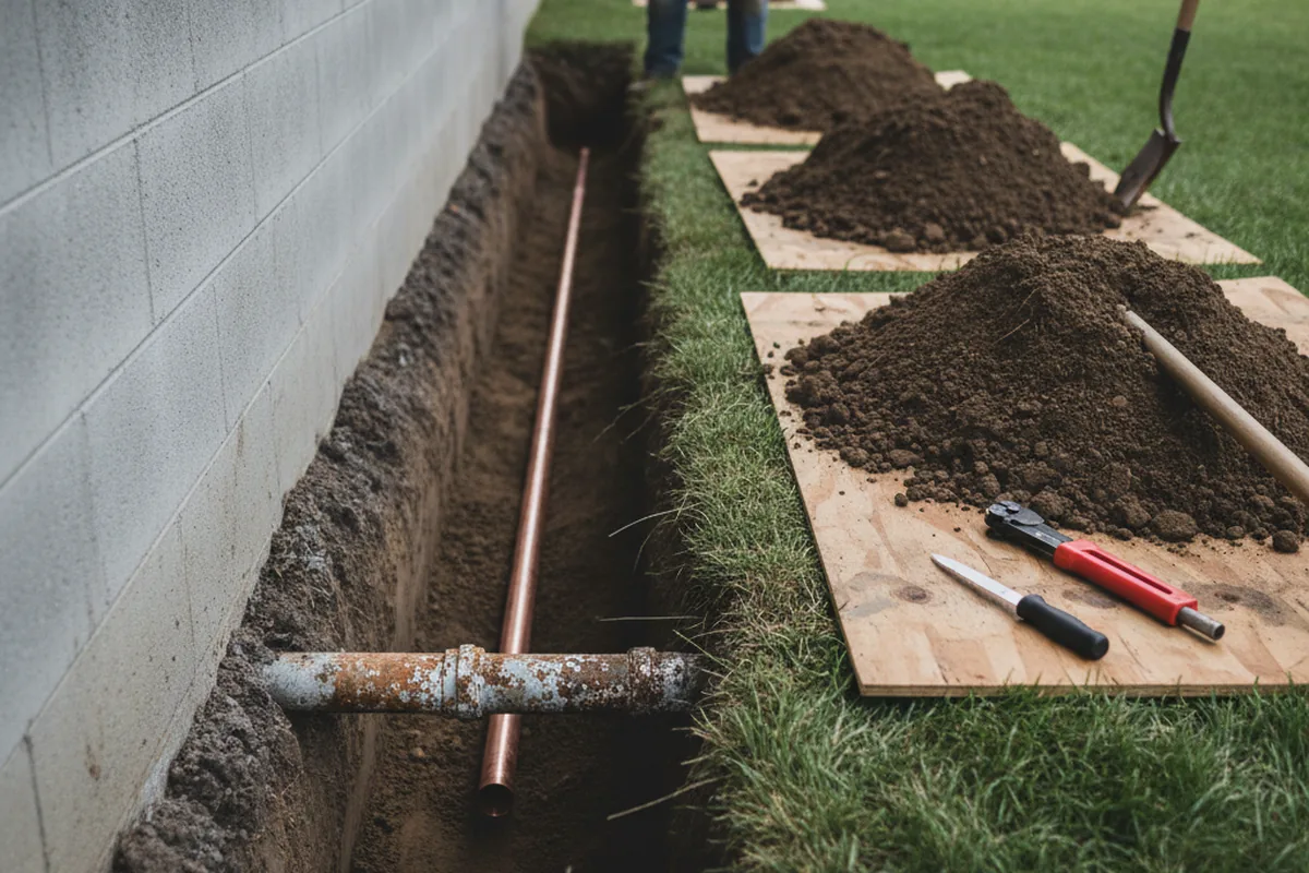 Excavated water line trench during Sewer Line Repair in Cross Plains